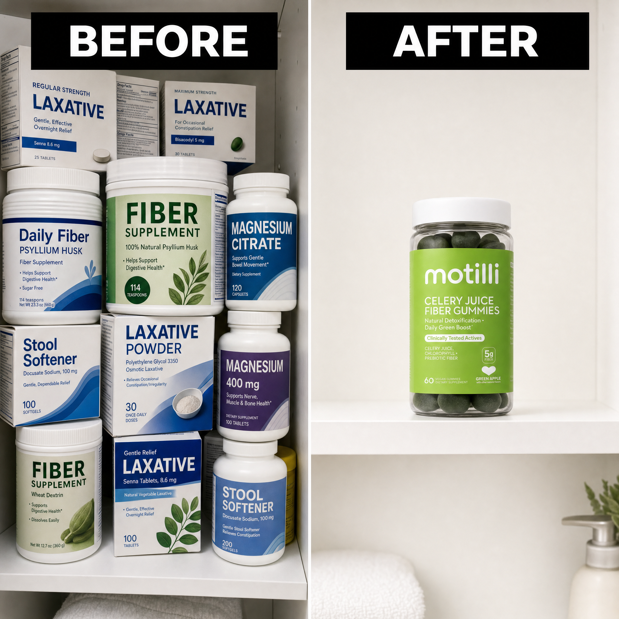 Before: shelf full of laxatives and fiber supplements. After: a single bottle of Motilli.