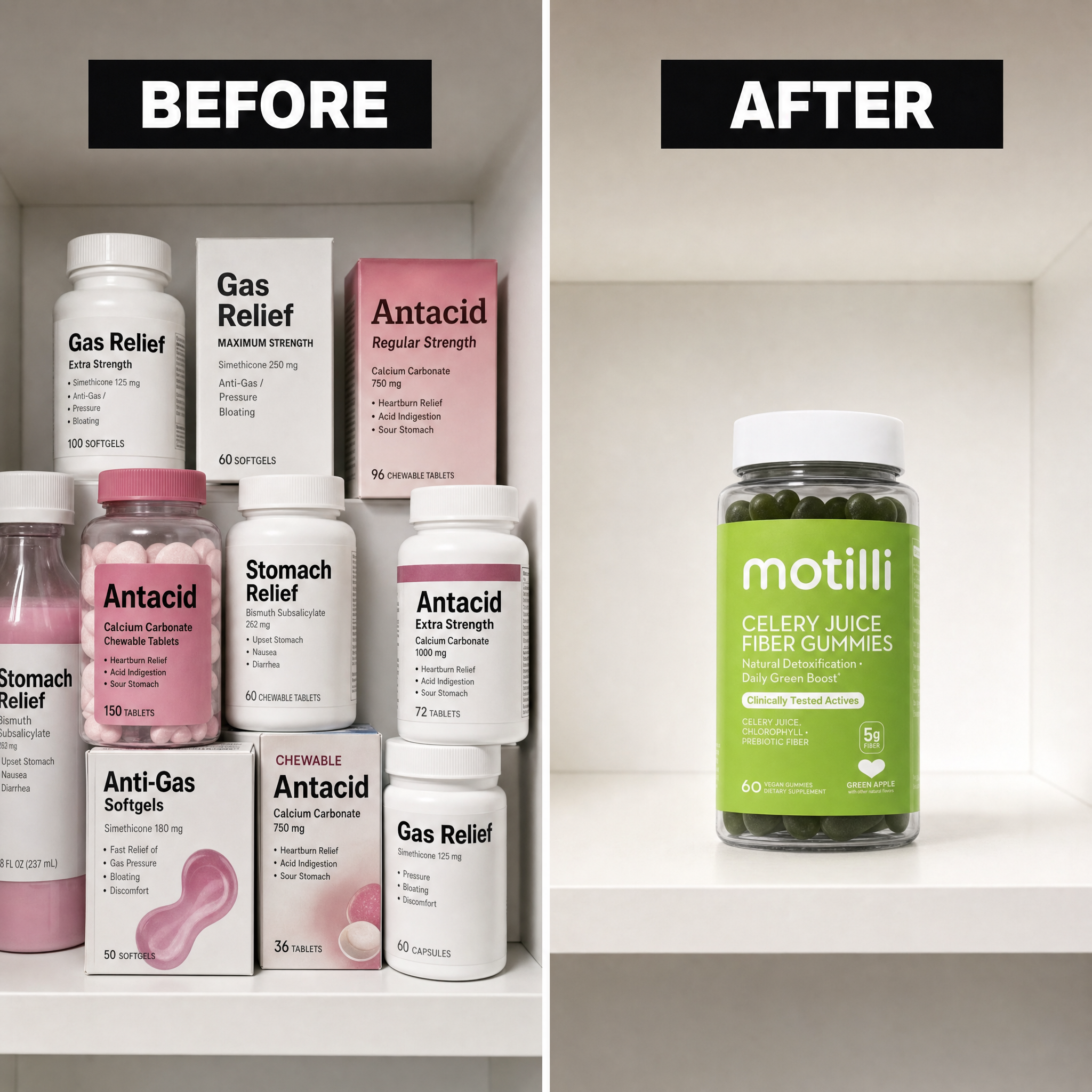 Before: shelf full of gas relief and antacids. After: Motilli bottle on a clean counter.