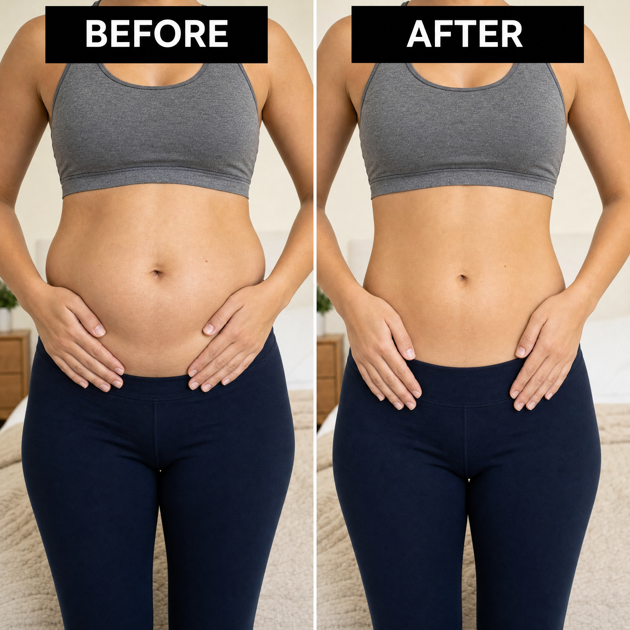 Before and after photos showing reduced bloating