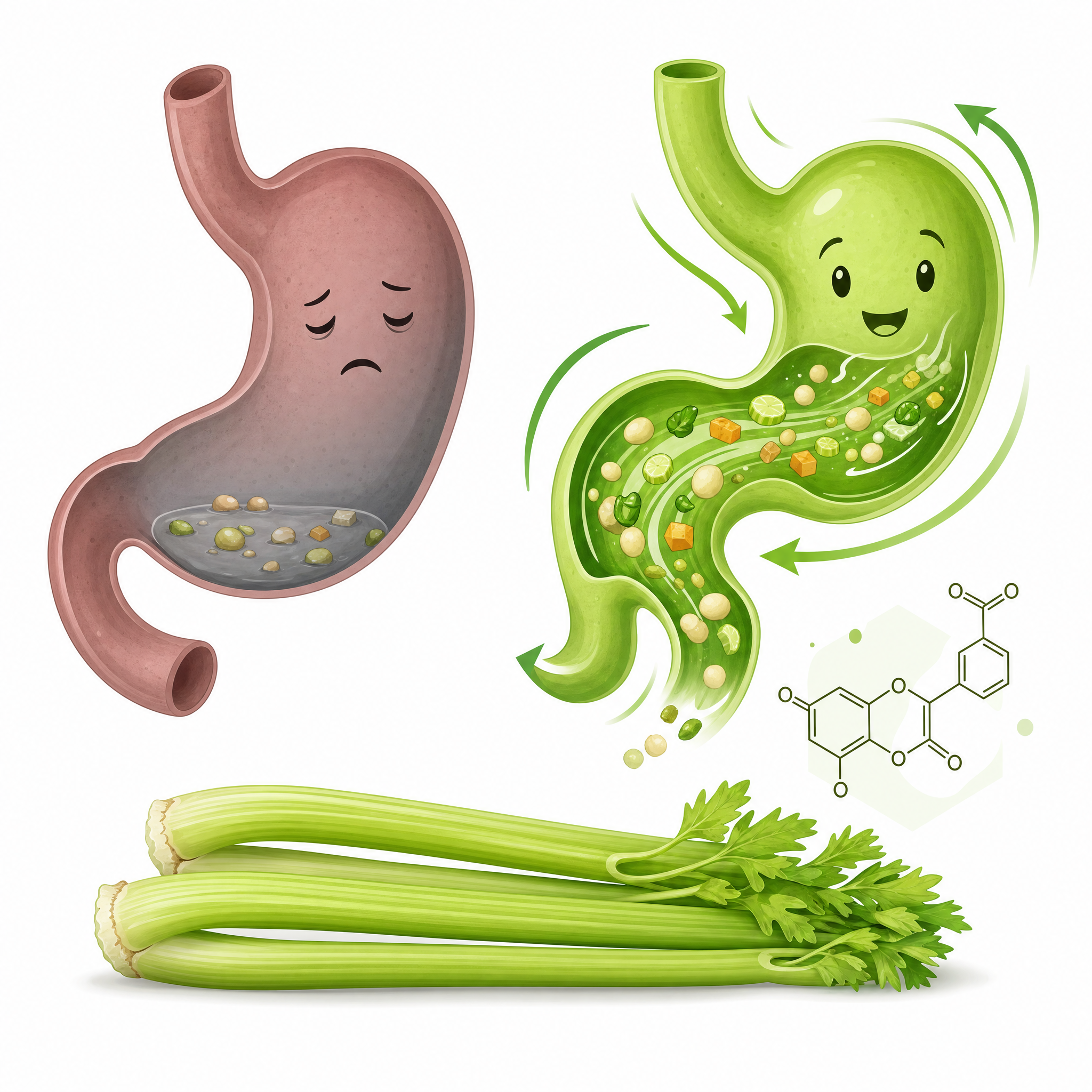 Slowed stomach vs. apigenin-activated stomach with celery and apigenin molecule