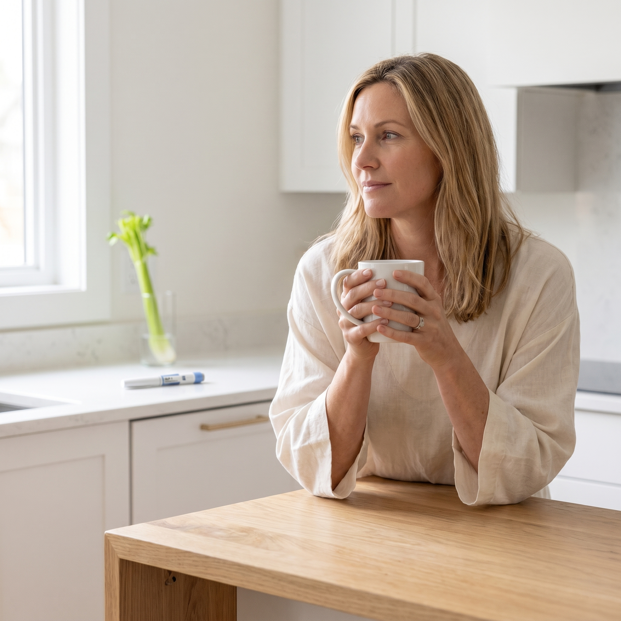 Woman with coffee mug in a calm morning kitchen scene