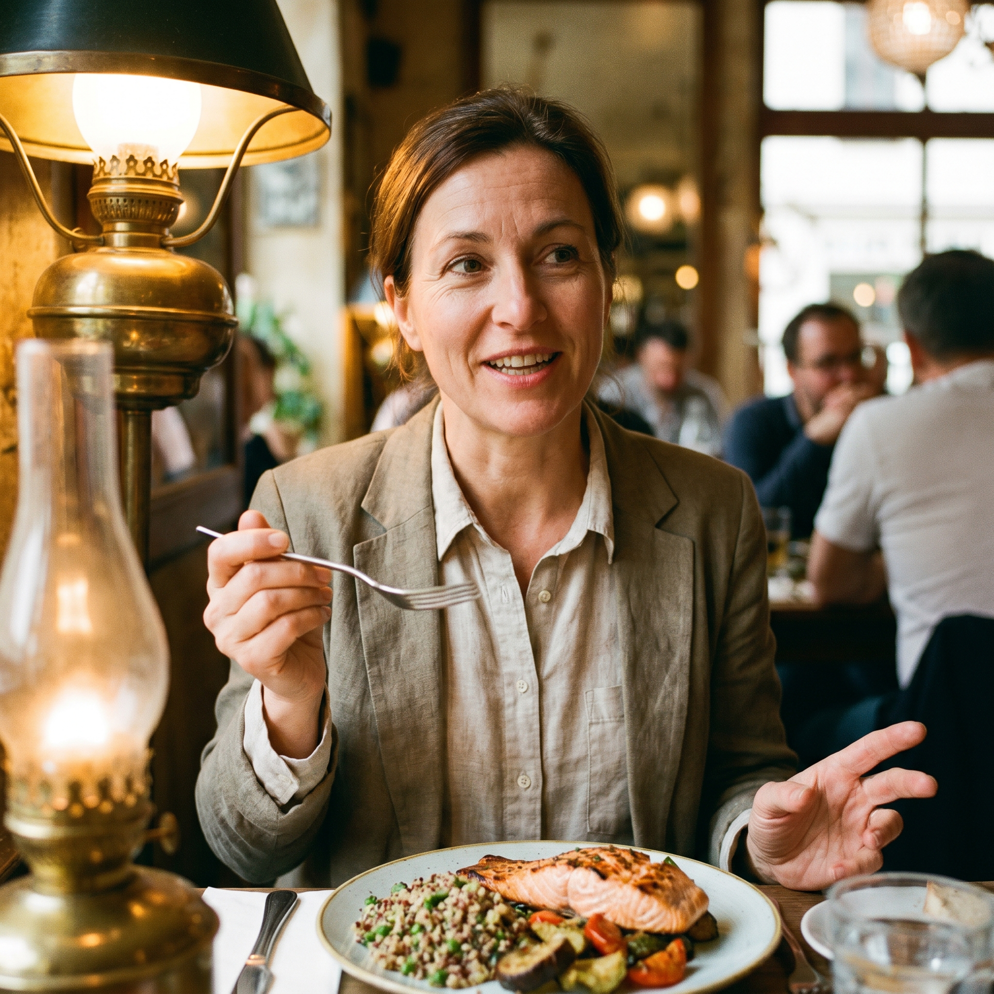 Woman relaxed at a dinner table enjoying a meal