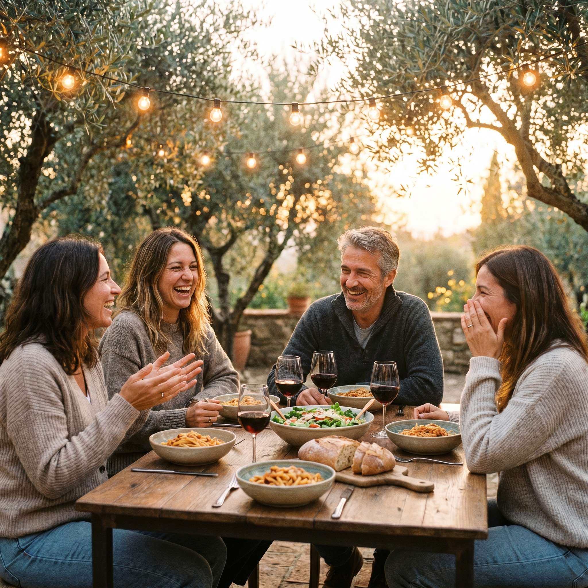 Friends laughing around a warm dinner table